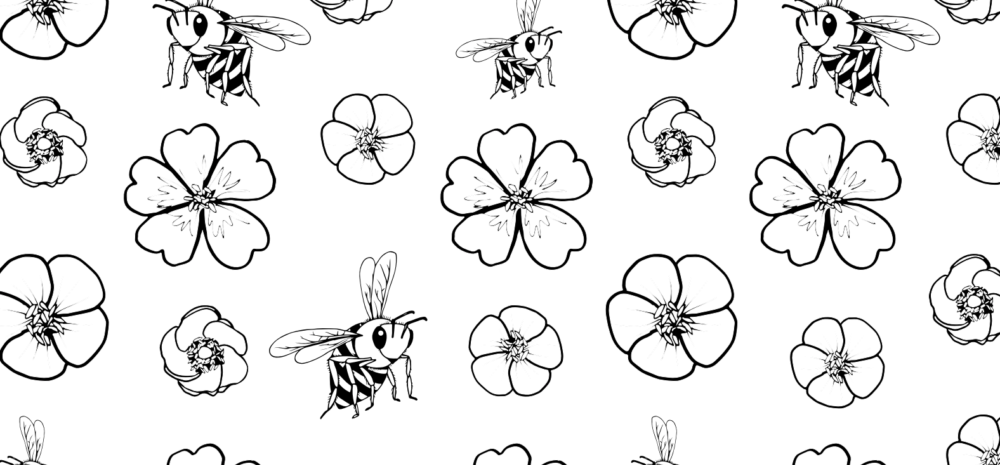 A black-and-white coloring page filled with buds and bees