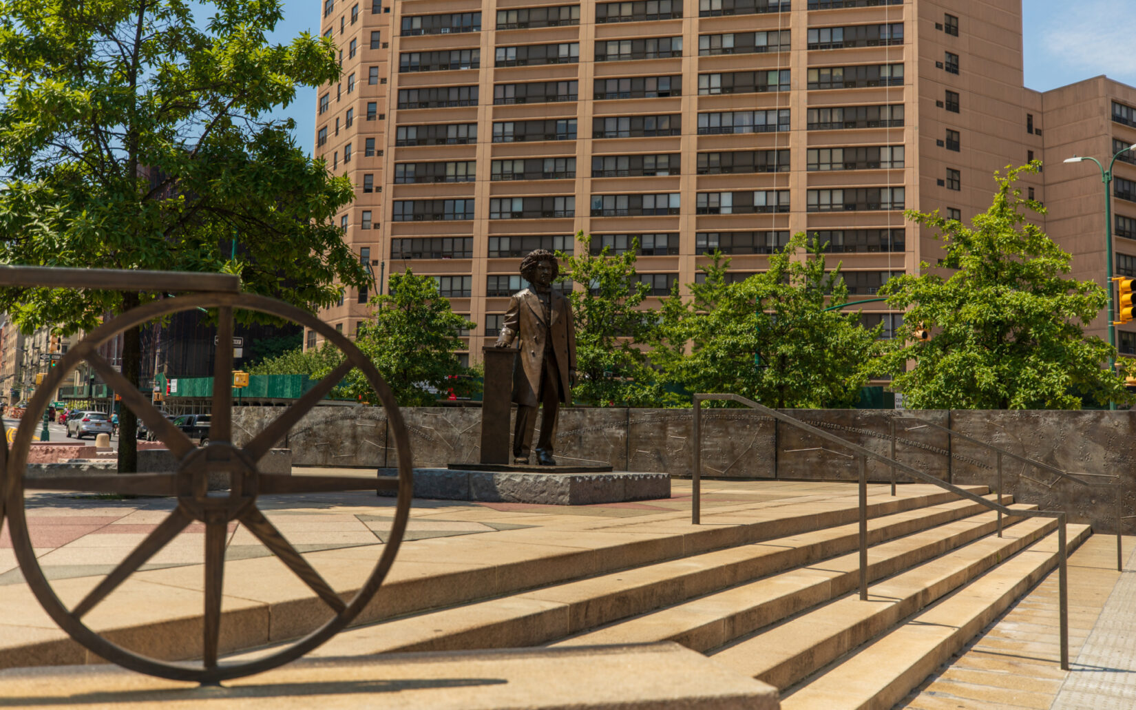 A view of Frederick Douglass Circle, with the statue of Douglass at the center