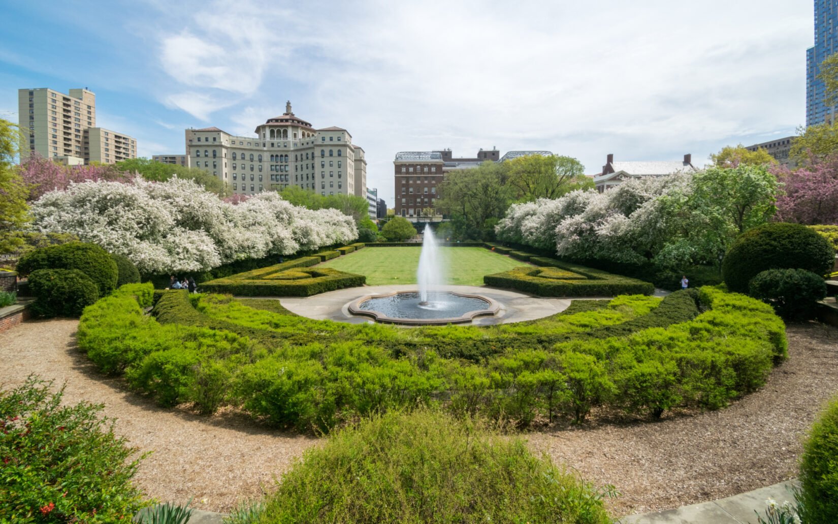 A fish-eye view of Conservatory Garden looking east toward 5th Avenue