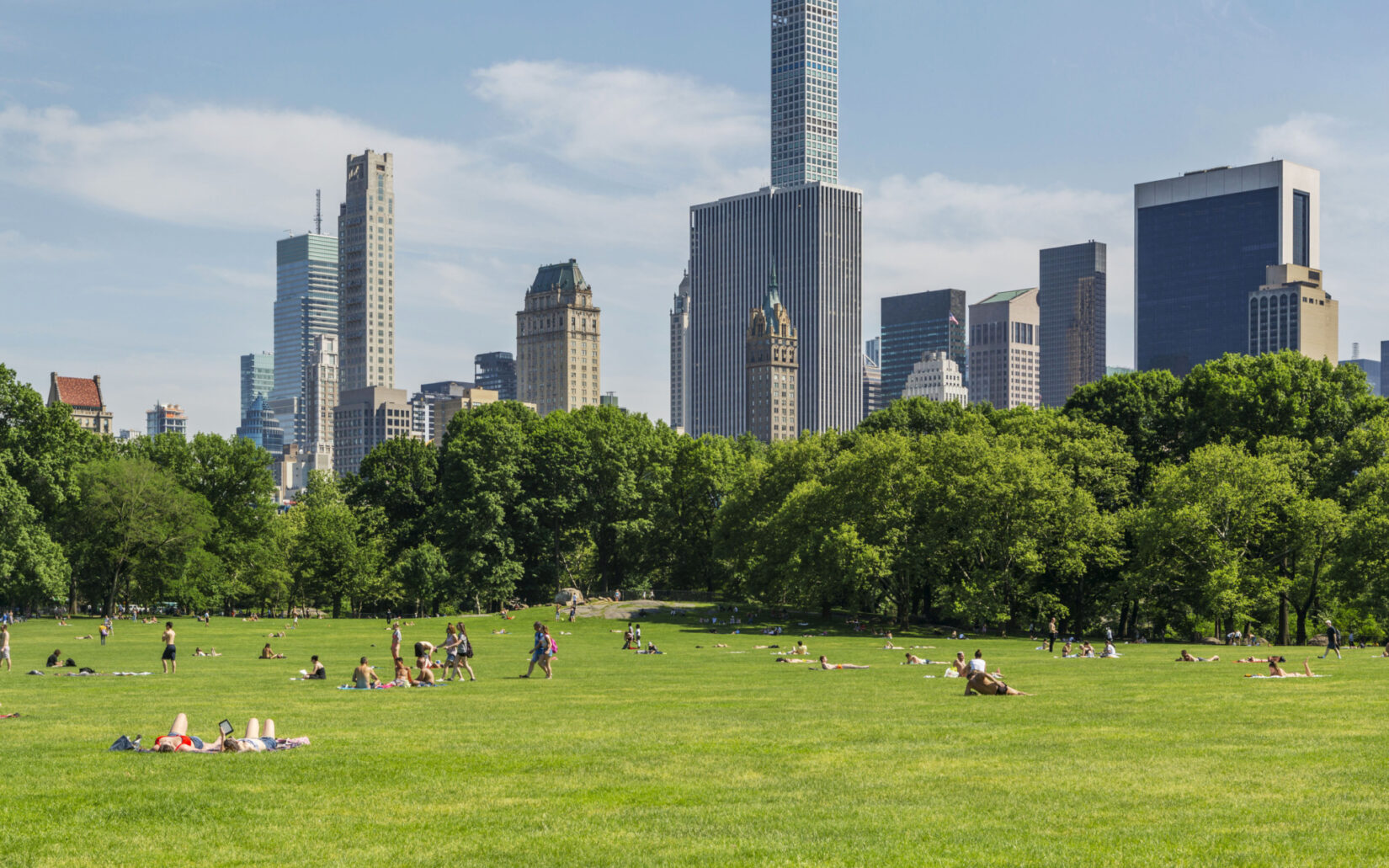 Parkgoers lounge on Sheep Meadow, with the skyscrapers of Manhattan's East Side filling the horizon.