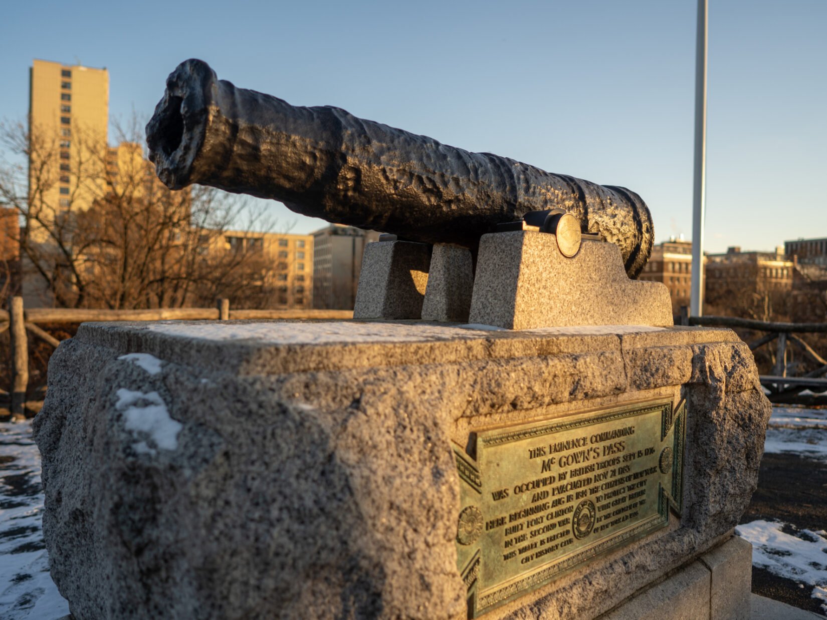 The cannon at Fort Clinton seen on a bright, winter day