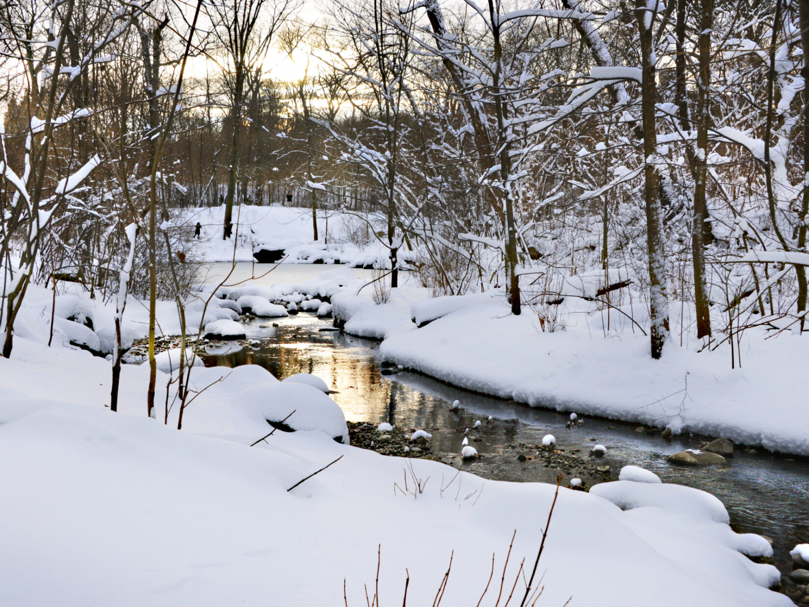 A stream winds through the snow-covered North Woods