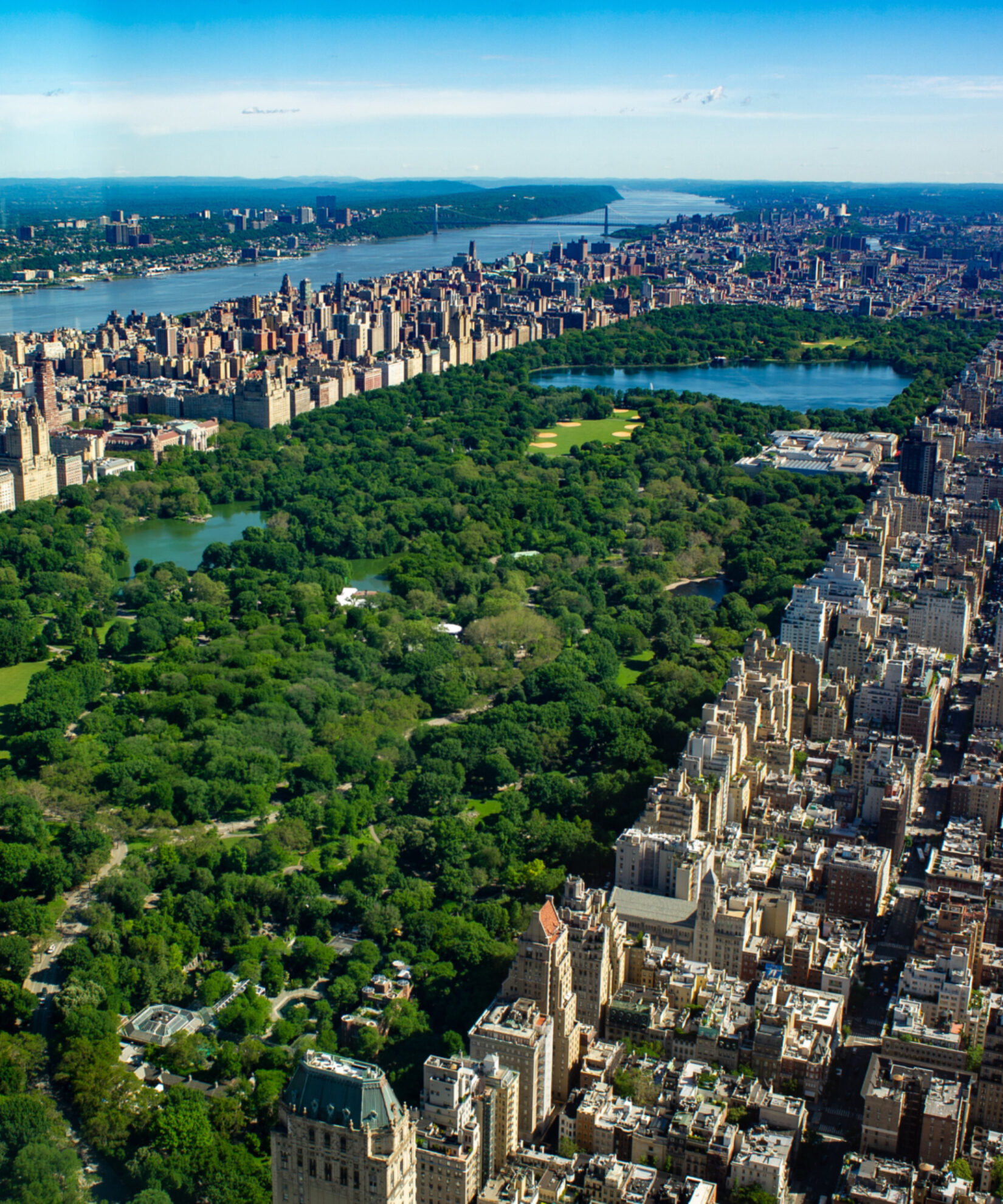An aerial view of the park showing it's full length, looking north toward Harlem.