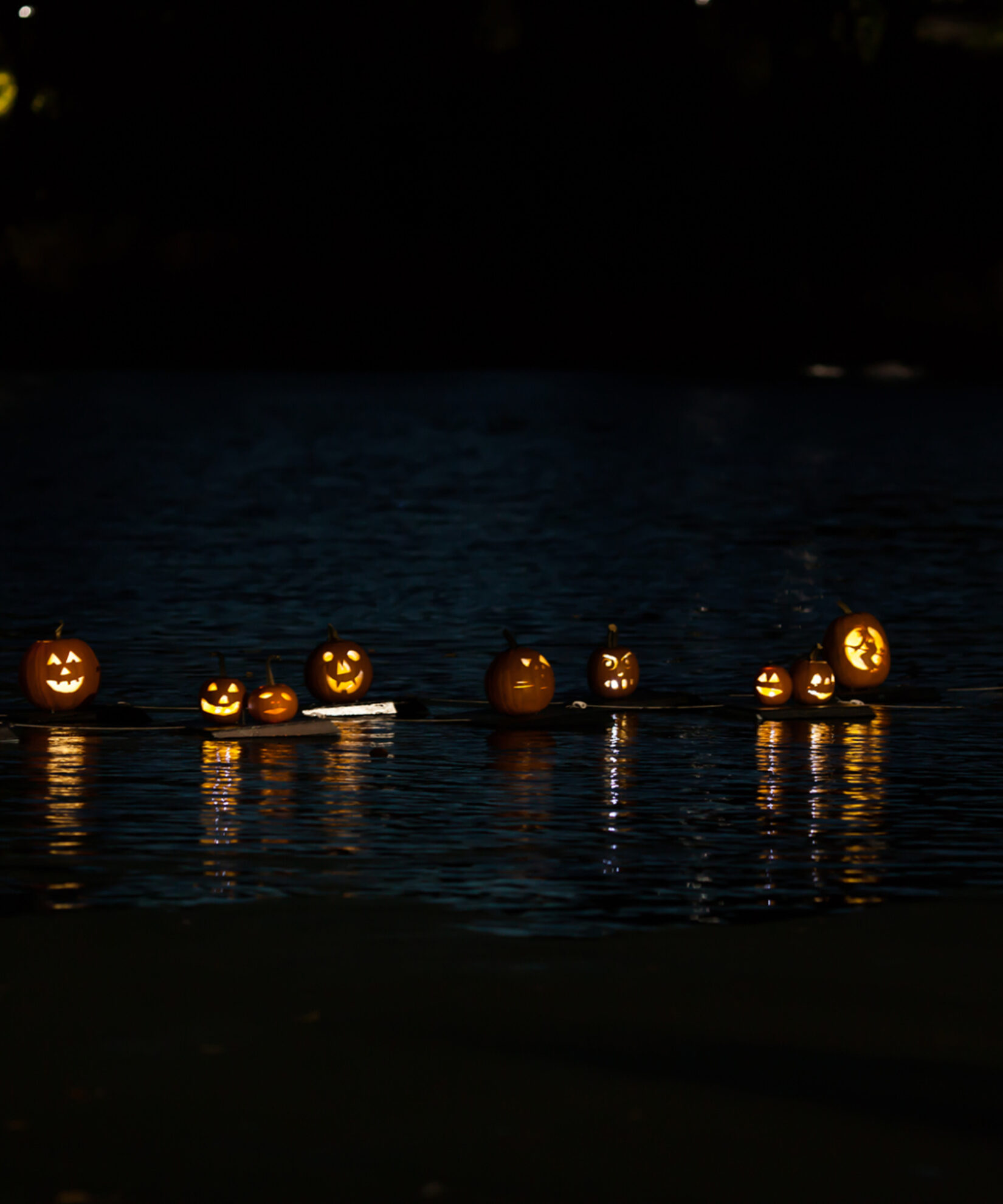 Pumpkins, lit from within, floating on the Meer at night