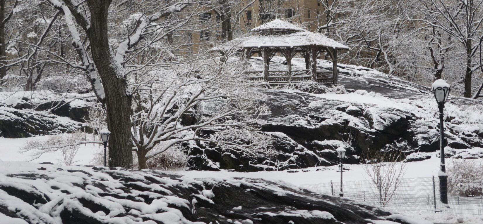 The rustic structure atop the Dene highlights this winter wonderland
