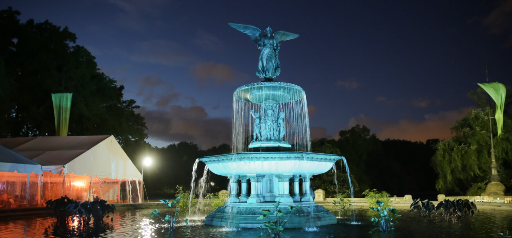 Bethesda Fountain pictured with dramatic lighting at night