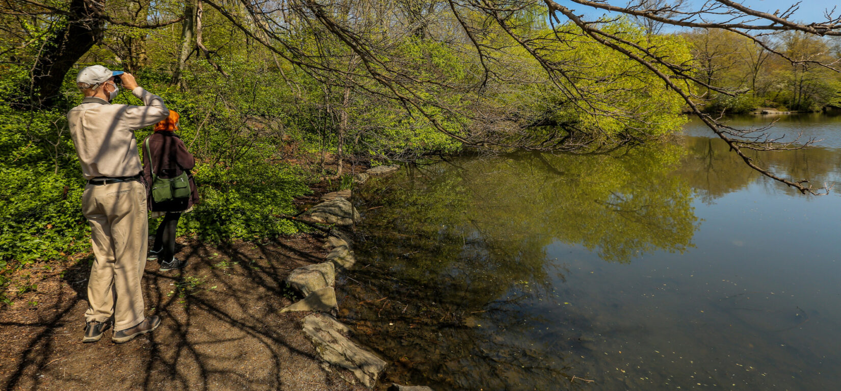 A birder using binoculars on the shore of the Lake