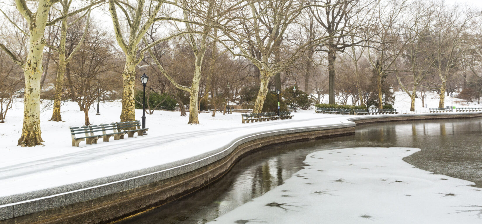 The snow-banked, undulating perimeter defines this wintry view of Conservatory Water