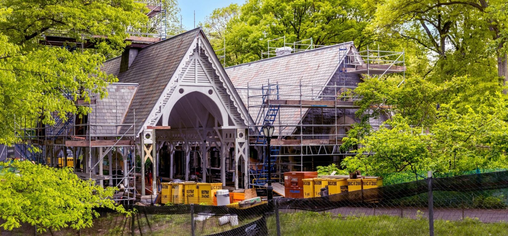 The Dairy in May, 2021, surrounded by scaffolding and renovation equipment.