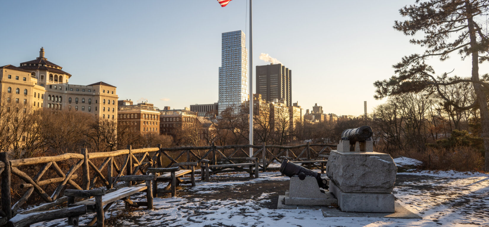 Fort Clinton in winter, with the Harlem skyline in the background