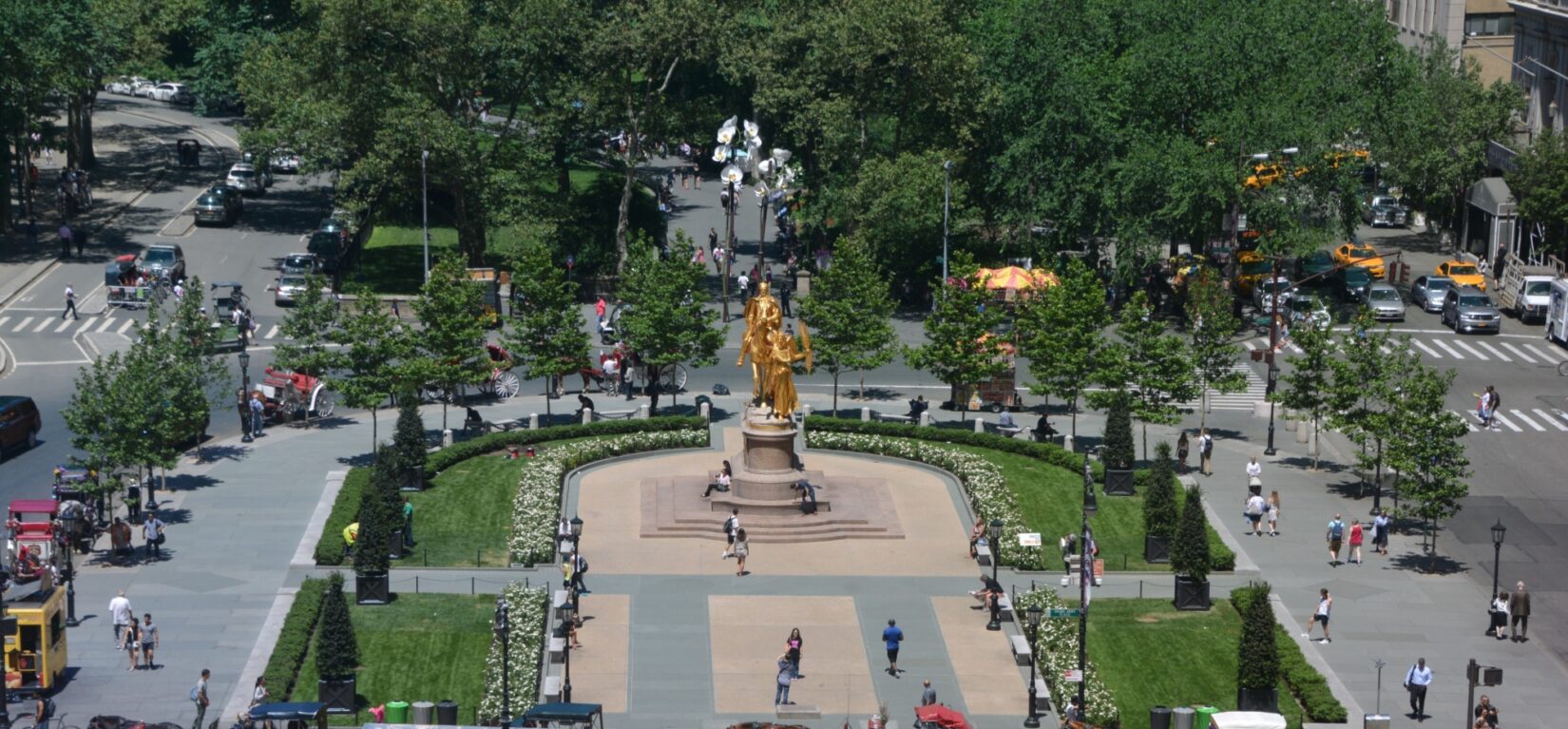An aerial view of Grand Army Plaza and the monument to General Sherman, down the block from the offices of the Central Park Conservancy