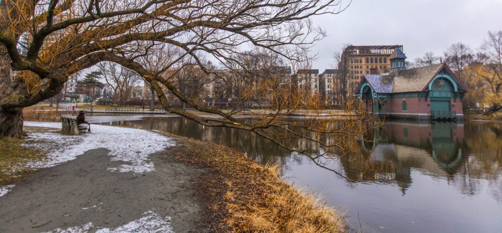 Parkgoers sit on the opposite bank of the Harlem Meer from the Dana Center in this winter photo.