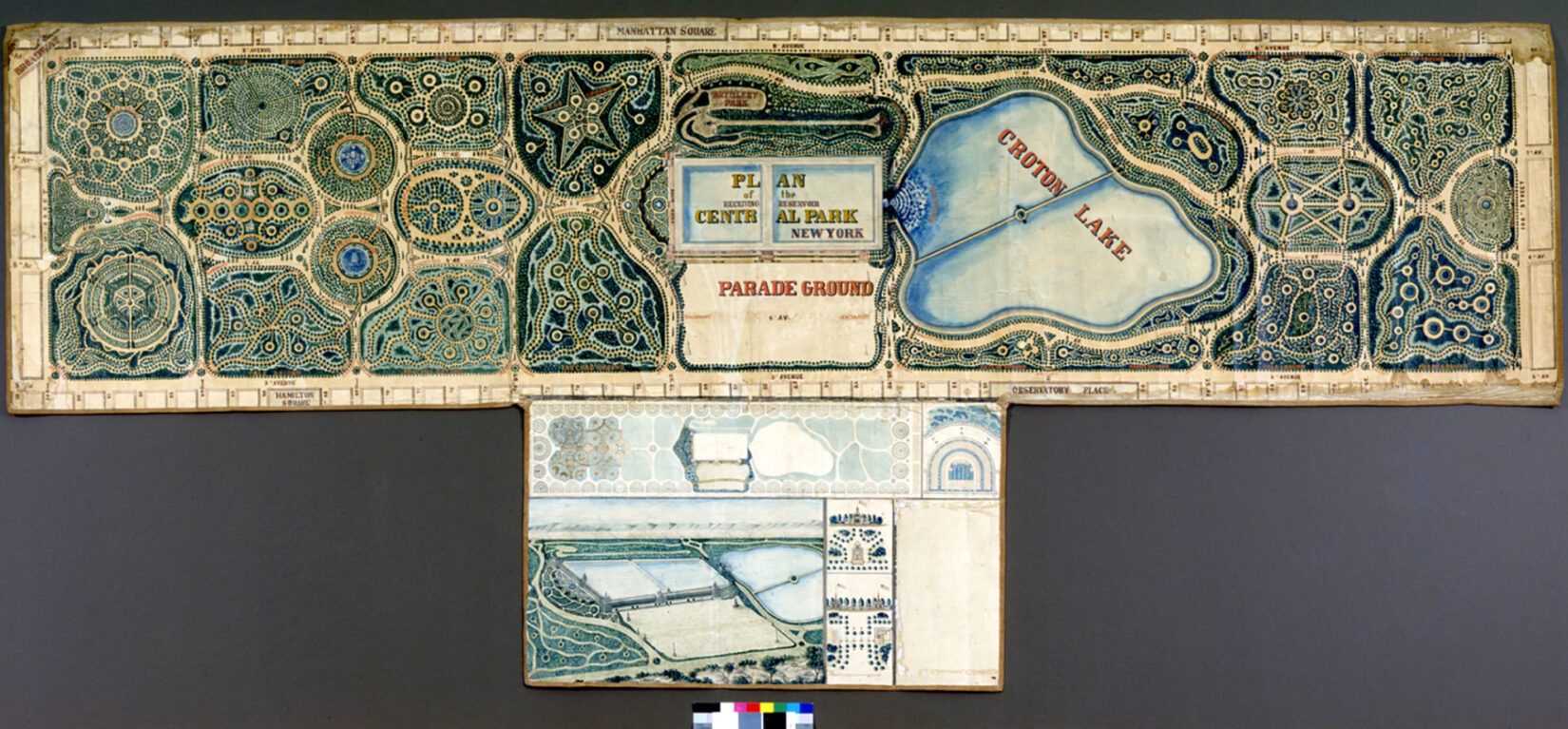 An early plan for Central Park shows a collection of manicured gardens, with the Reservoir labeled "Croton Lake."