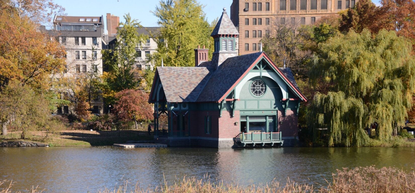 The Dana Center is seen from the opposite bank of the Meer in autumn