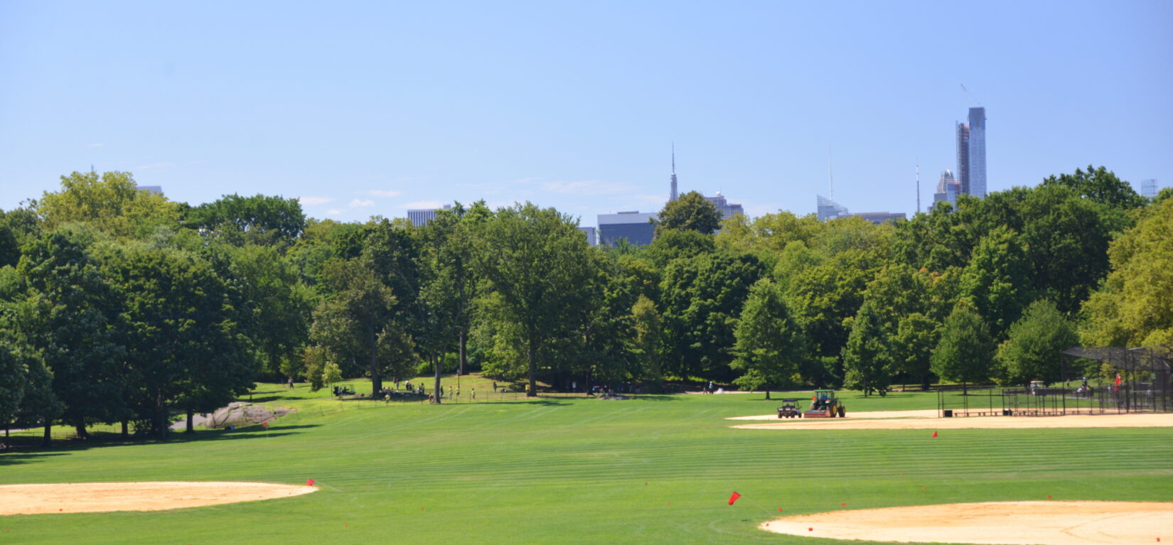 The ballfields at North Meadow under a cloudless blue sky