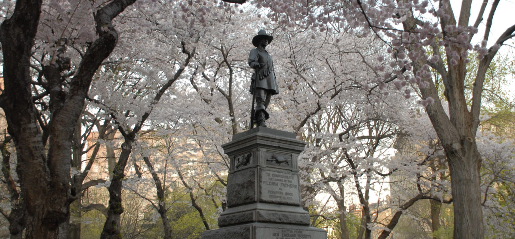 The statue at Pilgrim Hill surrounded by spring blossoms
