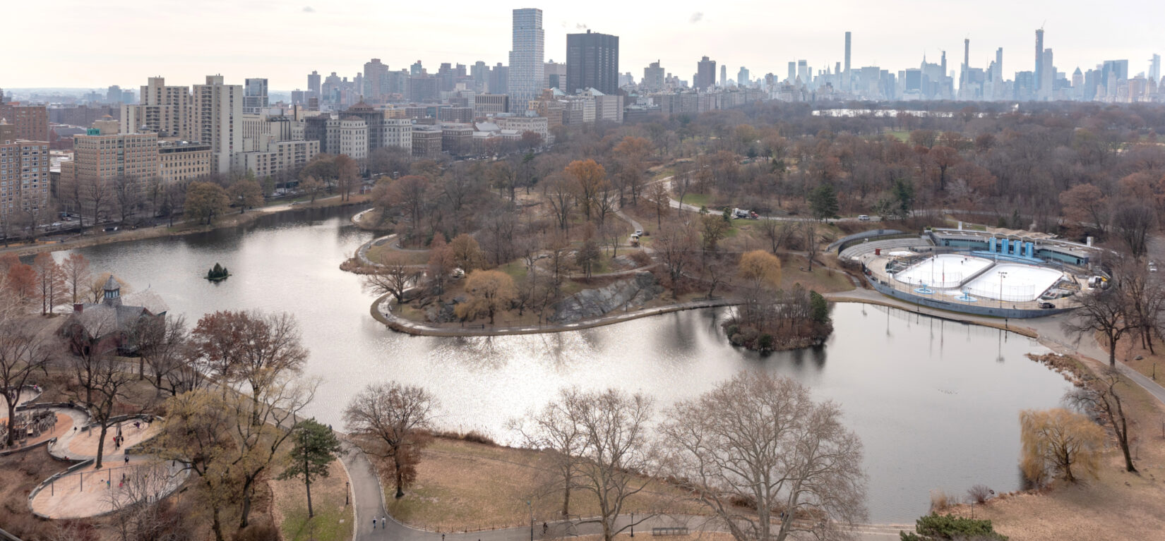 An aerial view of the Harlem Meer in the winter of 2018