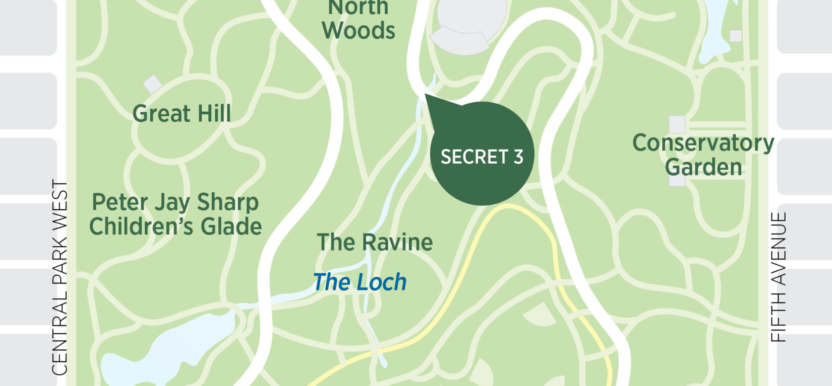 Map showing the location of Huddlestone Arch, at the southeast corner of North Woods.