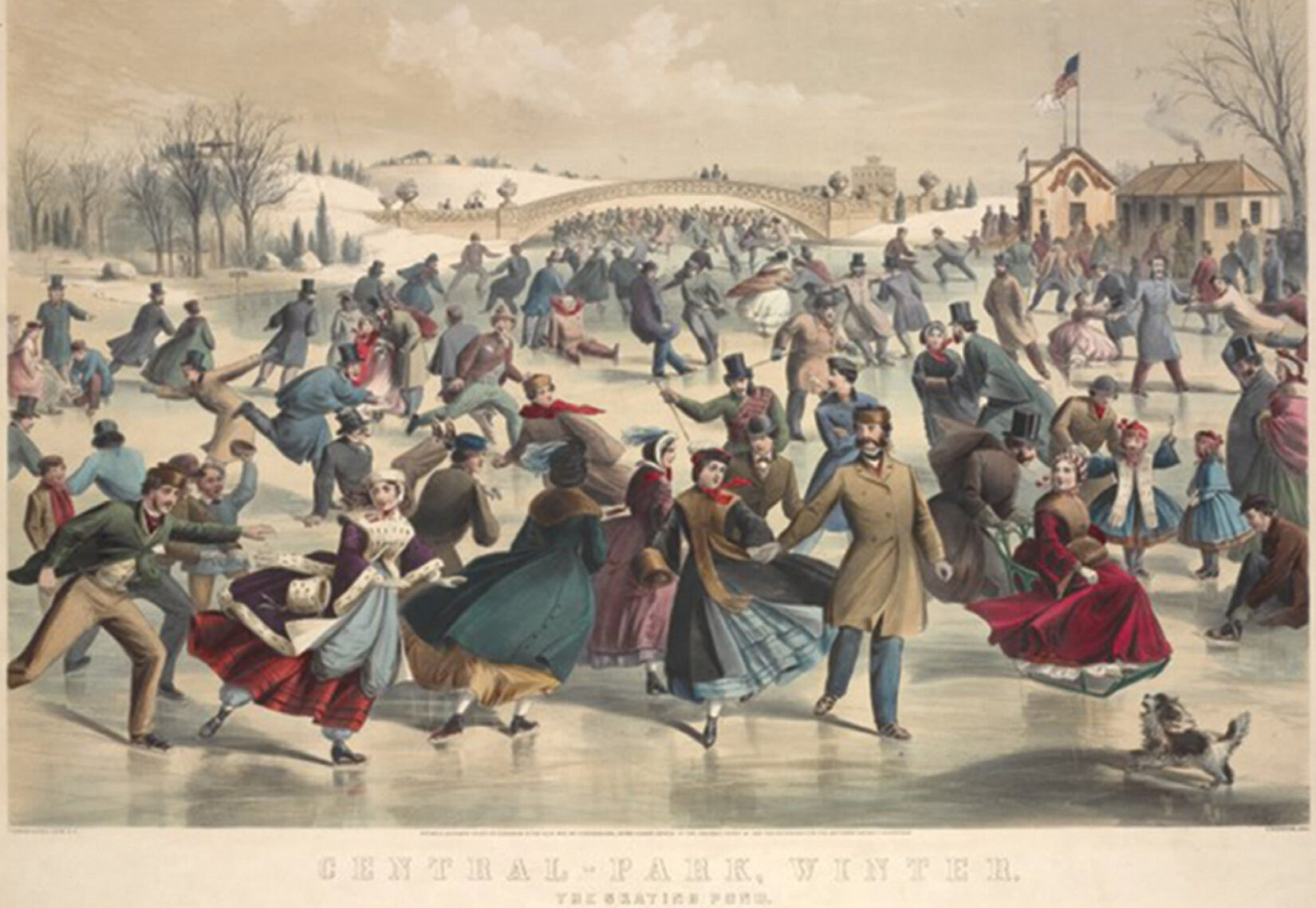 The engraving is rich with motion and incident, and crowded with skaters.