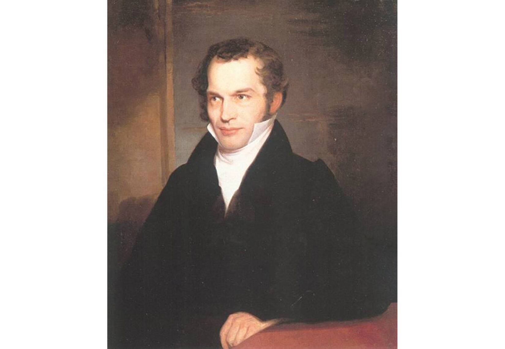 Bryant is depicted in oils with his arm resting on a table.