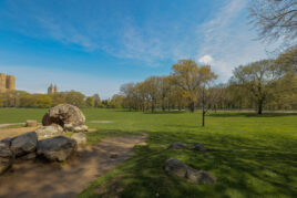 A view of an empty Sheep Meadow, shot in spring.