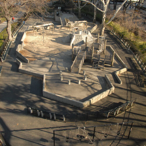 An aerial view of the playground shows the need for reconstruction