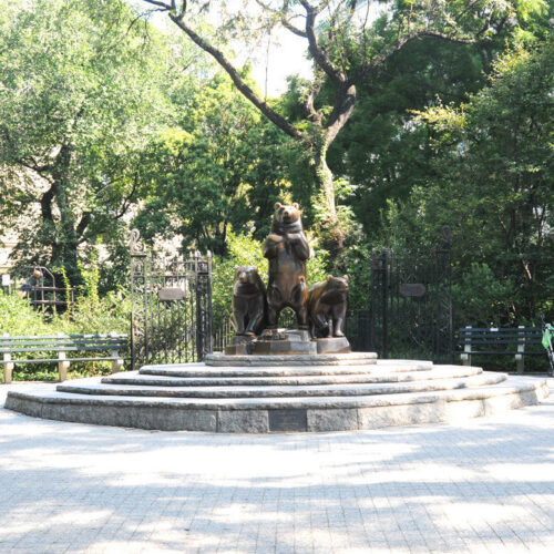 A view of the plaza and Group of Bears statue
