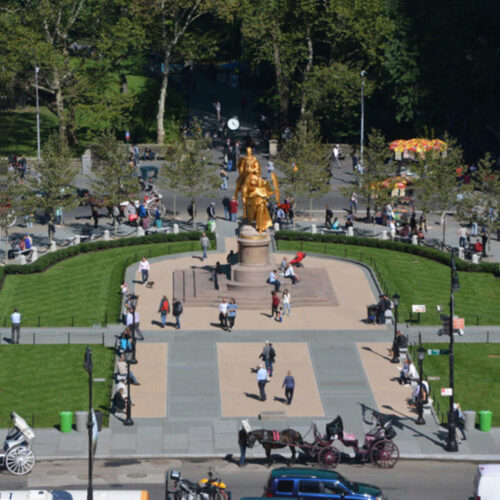 An aerial view of the restored Plaza, highlighting the gold-leafed statue of Sherman
