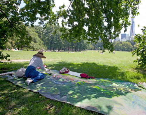 The artist working on a large canvas that's spread on the lawn under the shade of a tree