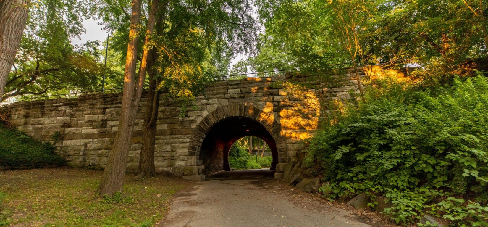 Looking down a path and through the 110th Street Bridge, dappled in sunlight