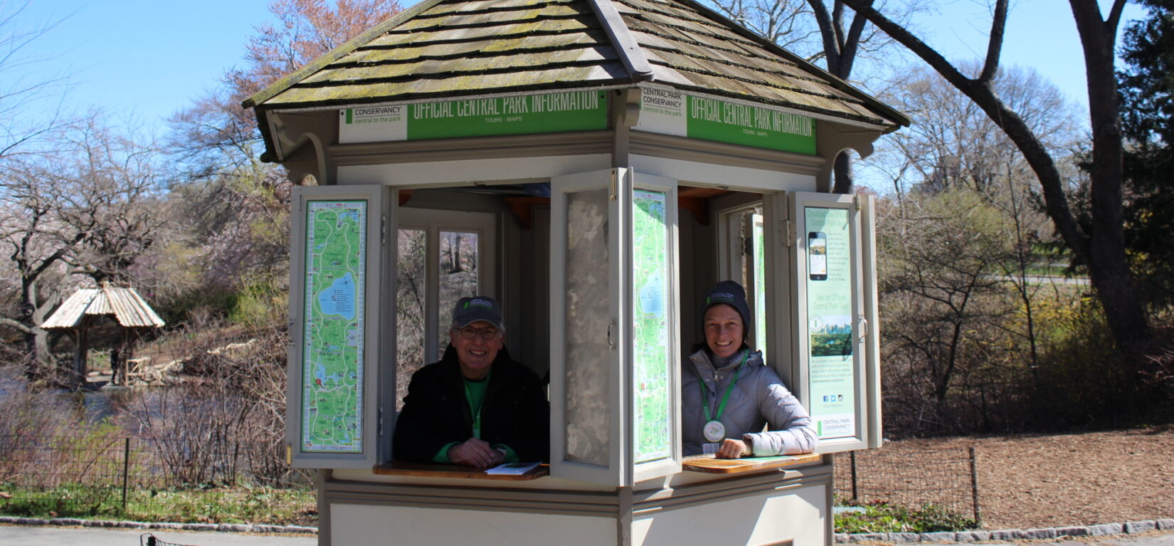 Volunteers are shown manning the 72nd Street Kiosk