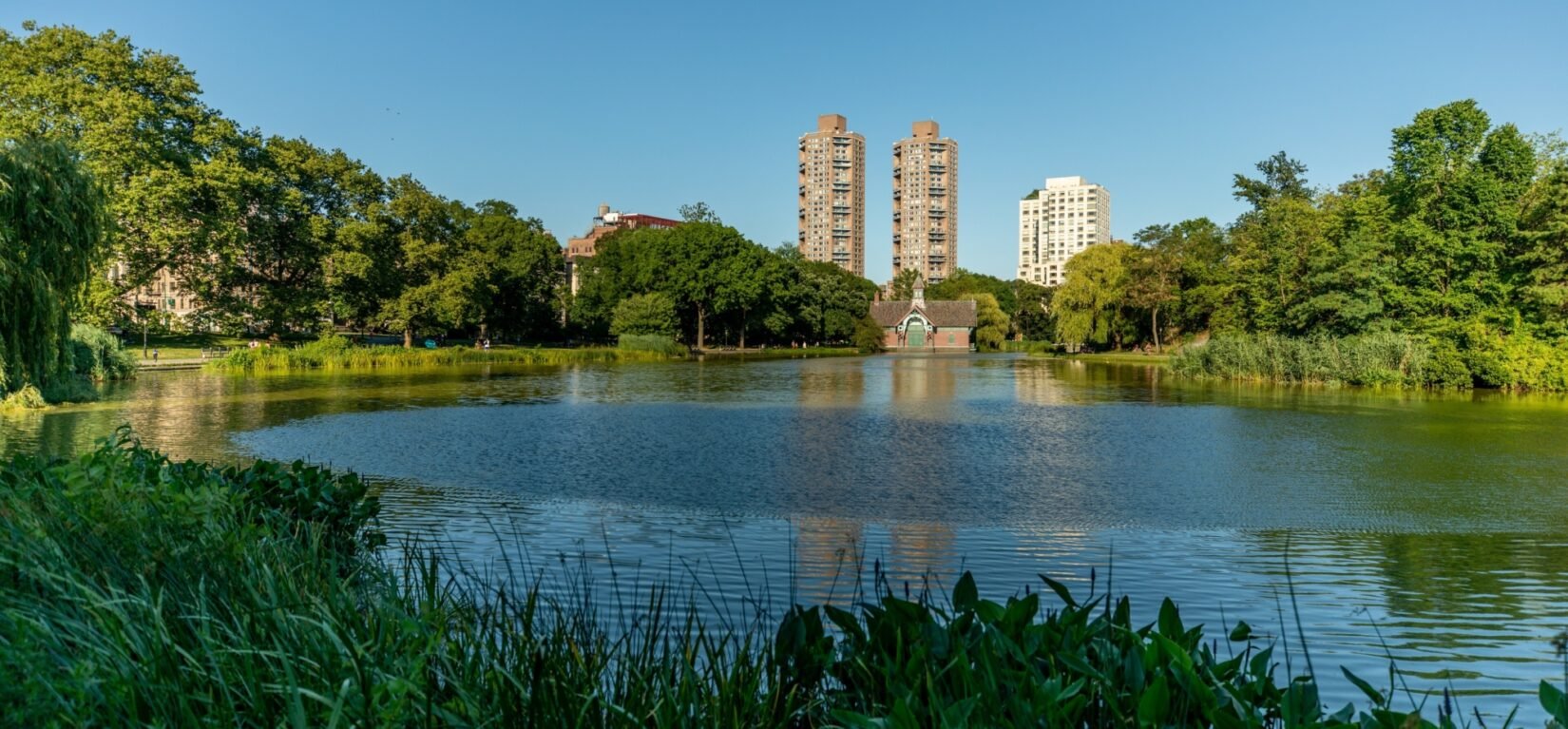 Looking across the Harlem Meer to the Dana Center